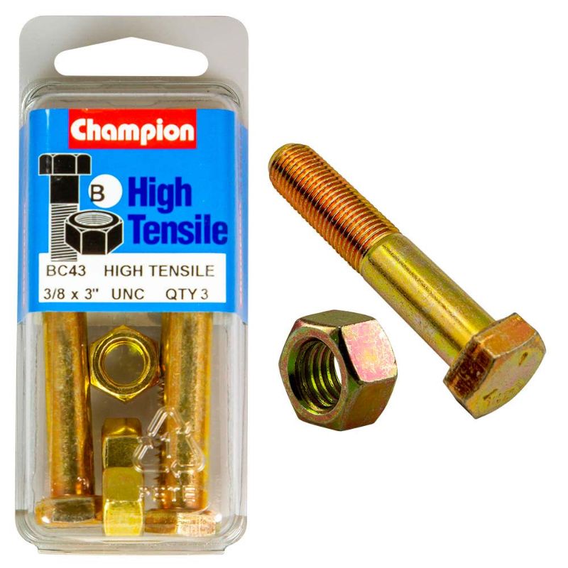 Champion 3 x 3/8in Grade 5 Bolt & Nut set, featuring durable steel for reliable fastening in various applications.
