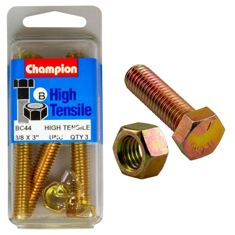 Champion 3in x 3/8in Set Screw & Nut (B) - GR5: Durable Grade 5 steel fastener for reliable strength in various applications.