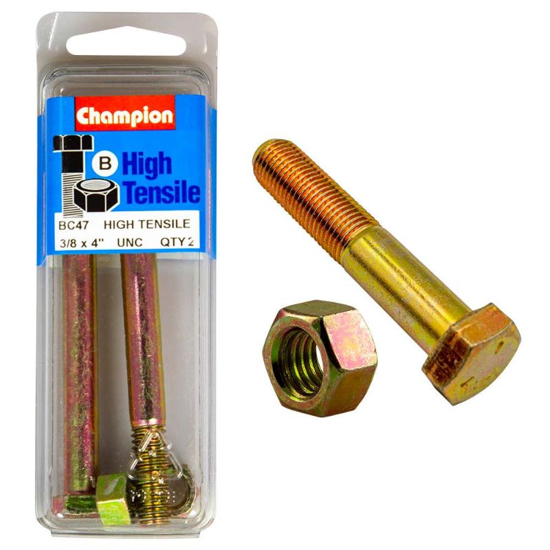 Champion 4 x 3/8in Grade 5 bolt and nut set, ideal for secure fastening in construction and DIY projects.