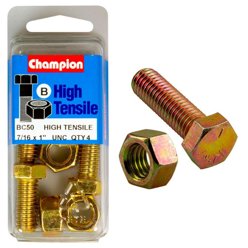 Champion 1 x 7/16in set screw and nut (B) - GR5, durable and corrosion-resistant, ideal for robust fastening in various projects.