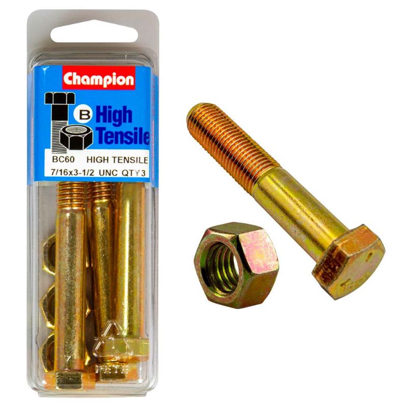 Champion 3-1/2in x 7/16in Grade 5 bolt and nut set, featuring corrosion resistance and heavy-duty performance for reliable fastening.