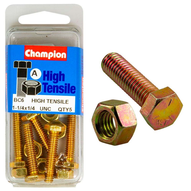 Durable Champion GR5 set screw and nut, 1-1/4in length, 1/4in diameter, perfect for reliable fastenings in various projects.