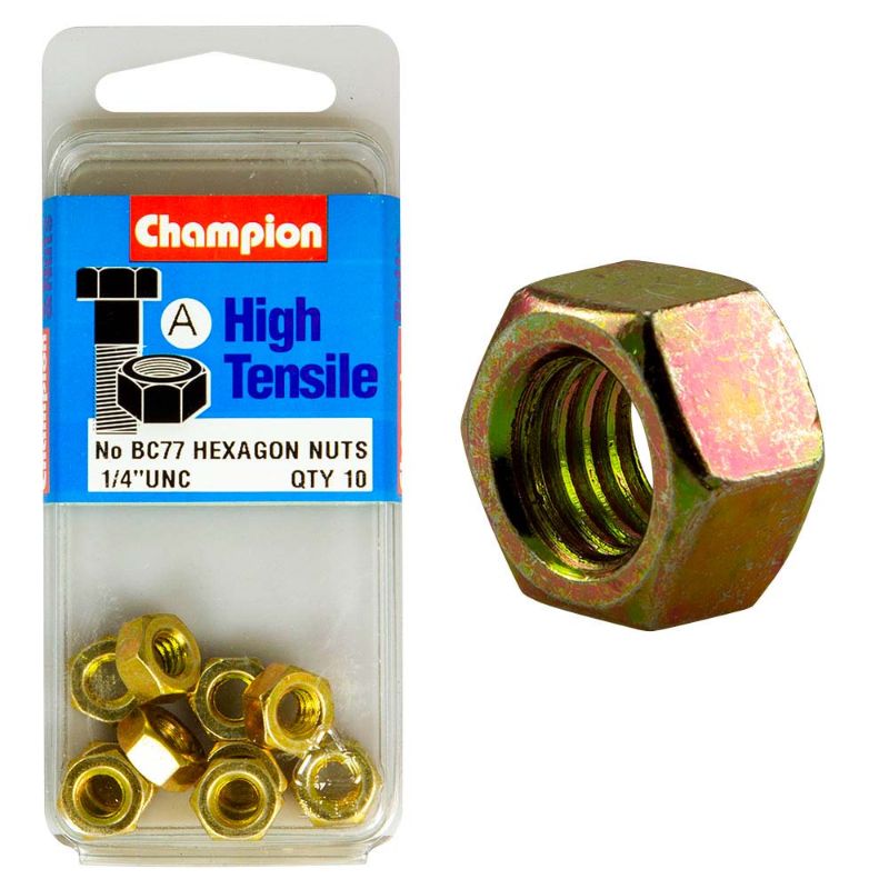 Champion 1/4in UNC Hex Nut (A) - GR5, a strong and durable Grade 5 steel nut for secure fastening in various applications.