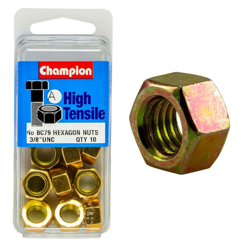 Champion 3/8in UNC Hex Nut (A) - GR5, durable and corrosion-resistant, ideal for automotive and construction fastening needs.