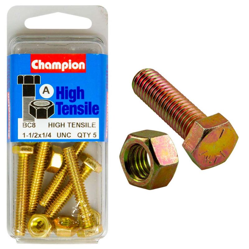 Champion 1-1/2in x 1/4in Set Screw & Nut (A) - GR5, a durable, corrosion-resistant fastening solution for various applications.