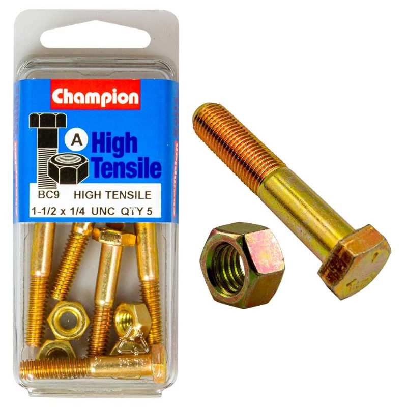 Champion 1-1/2in x 1/4in Grade 5 bolt and nut set, ideal for heavy-duty projects with high strength and reliable precision threading.