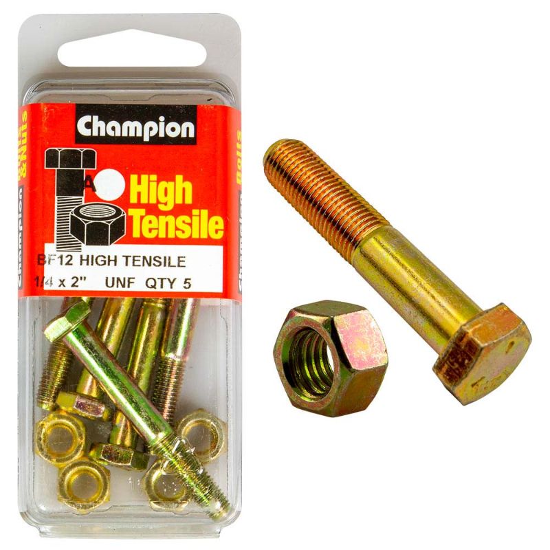 Champion 2in x 1/4in GR5 bolt and nut set, made from high-grade steel for strength in industrial and DIY projects.