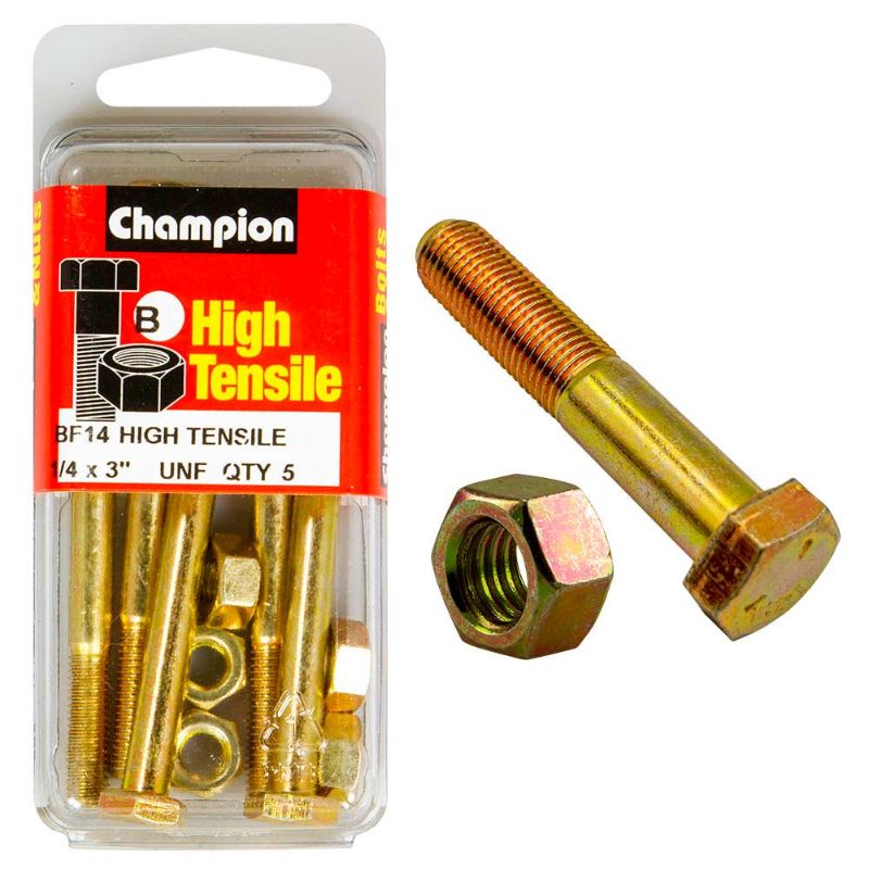 Champion 3in x 1/4in Grade 5 bolt and nut set, made of durable steel, ideal for automotive and general repairs.