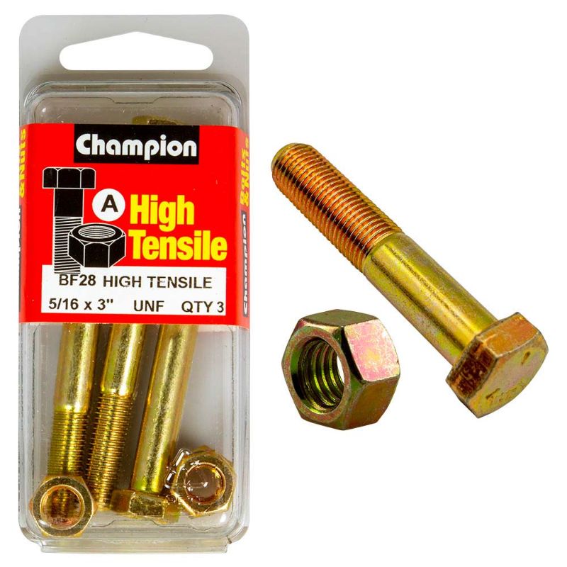 High-strength Champion 3in x 5/16in GR5 bolt and nut set, designed for heavy-duty fastening in various projects.