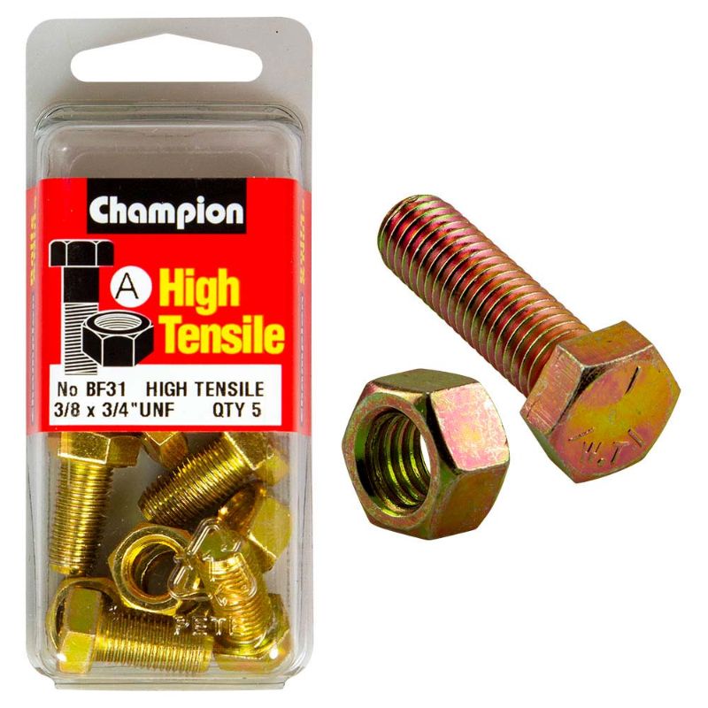 Durable Champion GR5 set screw and nut, 3/4in length, 3/8in thread, ideal for automotive and construction applications.