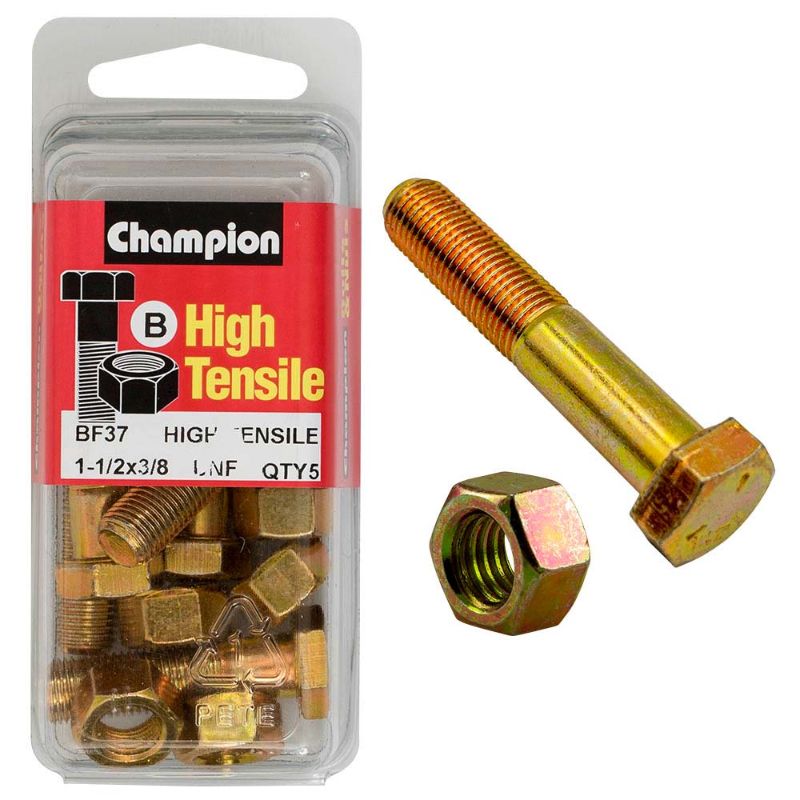 Champion 1-1/2in x 3/8in Bolt and Nut set made from high-quality Grade 5 steel for durable and reliable fastening.
