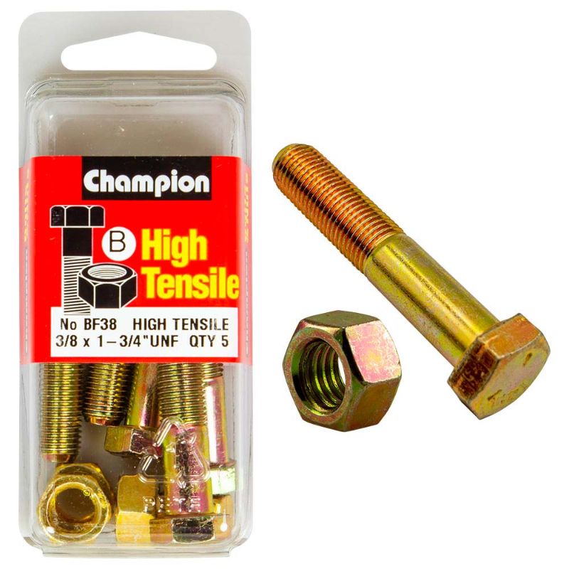 Champion 1-3/4in x 3/8in GR5 bolt and nut set, durable, corrosion-resistant, ideal for secure fastening in various projects.