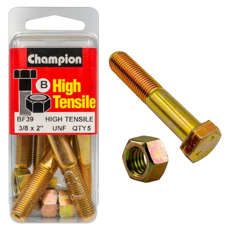 Champion 2in x 3/8in Grade 5 bolt and nut set, strong and durable for heavy-duty construction and repair applications.