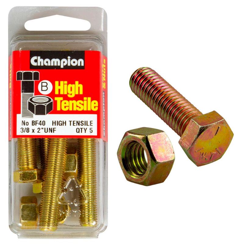Champion 2in x 3/8in Grade 5 set screw and nut, featuring durable steel for secure fastening in various applications.