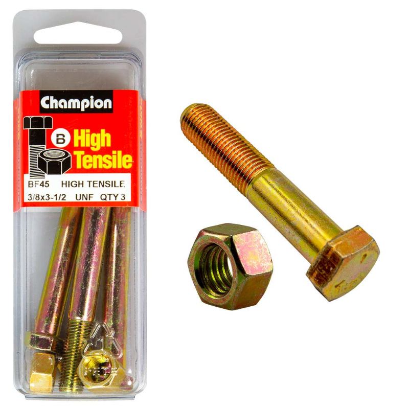 High-quality Champion 3-1/2in x 3/8in Grade 5 steel bolt and nut designed for strength, durability, and easy installation.