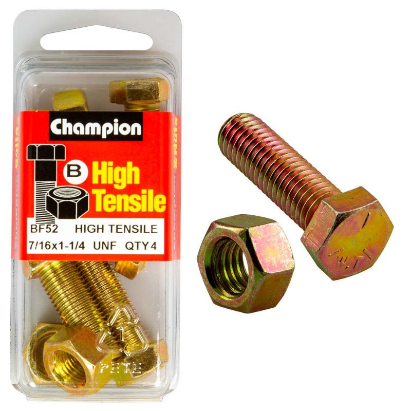 Champion 1-1/4in x 7/16in Set Screw & Nut (B) - GR5, featuring durable Grade 5 steel for strong, reliable fastening in various applications.