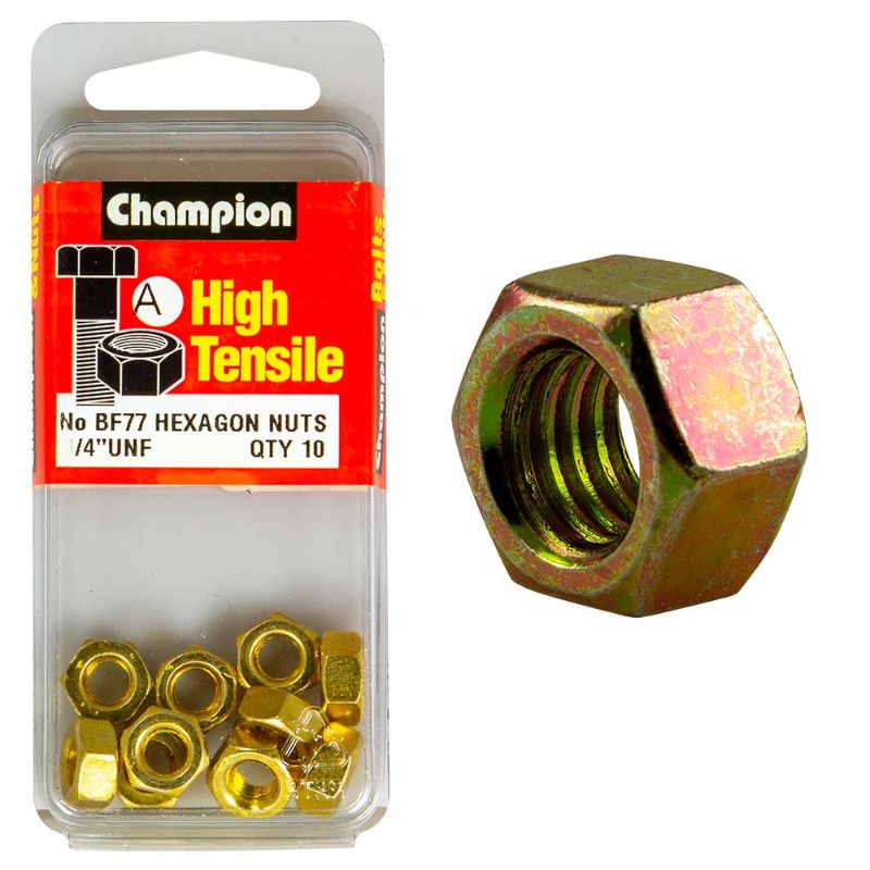 Heavy-duty Champion 1/4in UNF Hex Nut (A) - GR5, crafted from Grade 5 steel for durability and precision in fastening tasks.