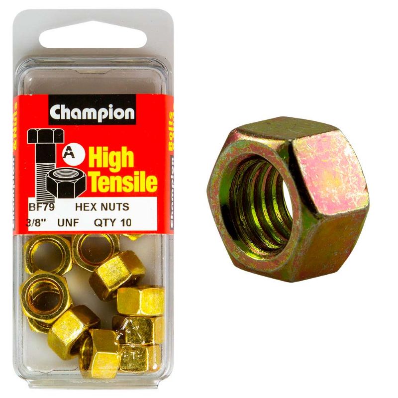 Champion 3/8in UNF Hex Nut (A) - GR5, durable Grade 5 fastener for heavy-duty construction and industrial applications.
