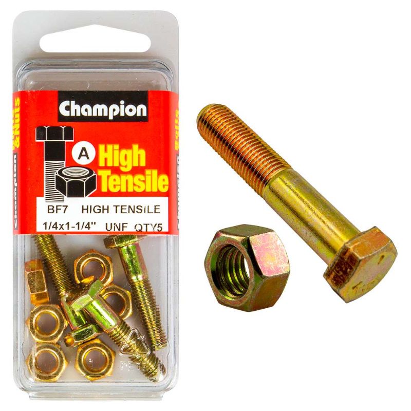 Champion 1-1/4in x 1/4in GR5 bolt and nut set, crafted from durable Grade 5 steel for strong, reliable fastening in various applications.
