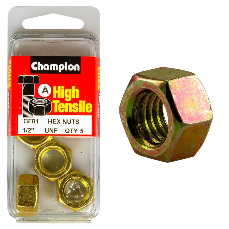 Champion 1/2in UNF Hex Nut (A) - GR5, made from durable GR5 steel for reliable industrial fastening and heavy-duty applications.