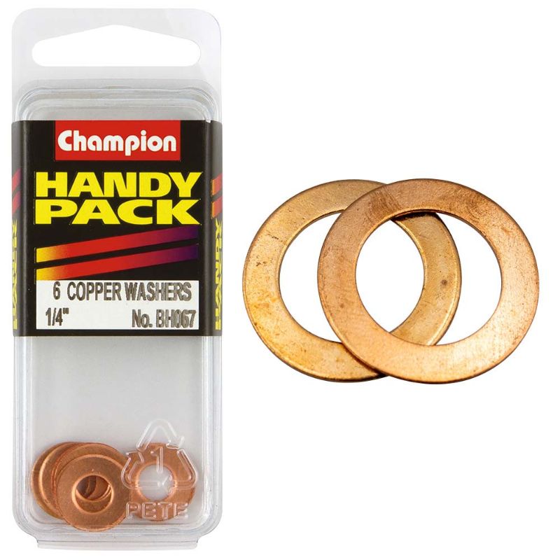 Copper washer measuring 1/4in x 9/6, designed for durable leak-proof seals in plumbing and automotive applications.