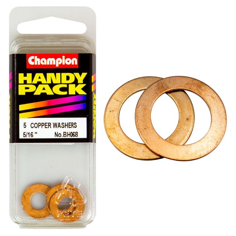 High-quality copper washer, 5/16in ID and 5/8in OD, designed for durable seals in plumbing and automotive applications.