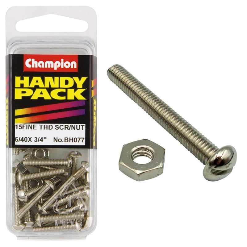 Champion 6/40in x 3/4in Fine Set Screw & Nut, durable fastening solution for automotive, machinery, and construction tasks.