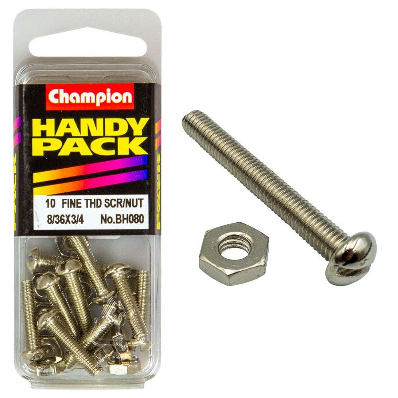 Fine set screw and nut by Champion, 8/36in x 3/4in, designed for durable fastening in various professional and DIY projects.