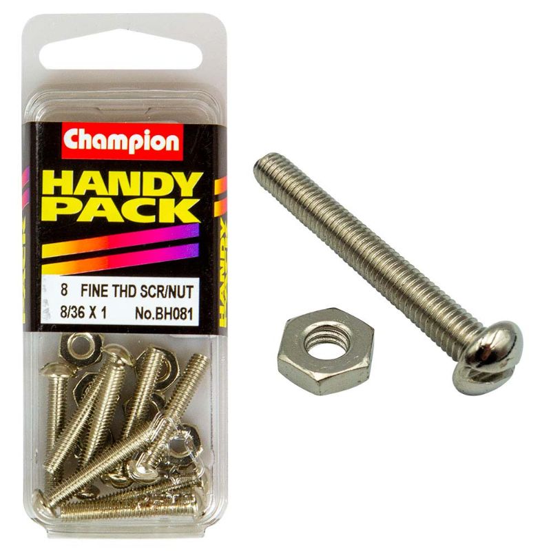 Champion 8/36in x 1in Fine Set Screw & Nut for durable, precise fastening in mechanical and DIY projects.