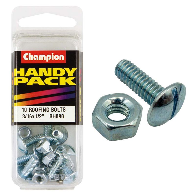 Champion 3/16in x 1/2in Roofing Bolt & Nut, durable fasteners for secure roofing applications, resist corrosion and weather damage.