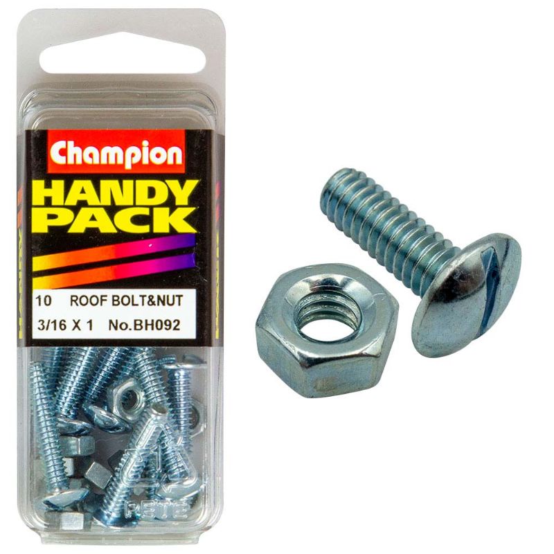 Champion 3/16in x 1 Roofing Bolt & Nut features durable, corrosion-resistant materials for secure roofing installations.