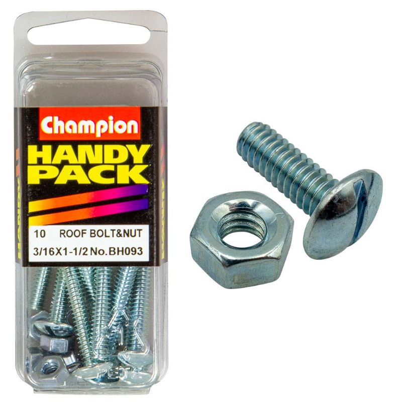 Champion 3/16in x 1-1/2in Roofing Bolt & Nut, durable and corrosion-resistant for secure metal roofing installations.