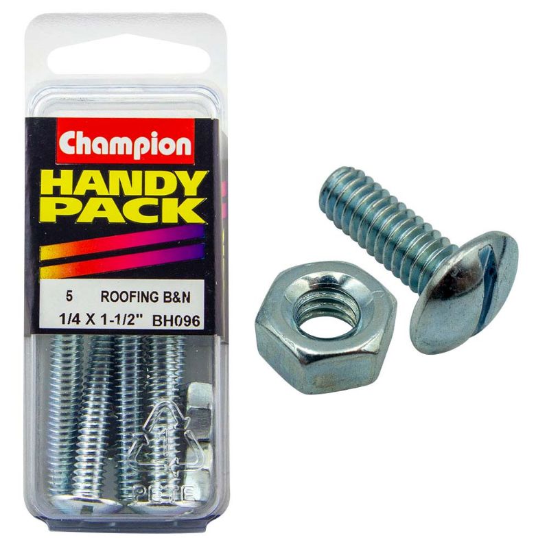 Champion 1/4in x 1-1/2in Roofing Bolt & Nut for secure, durable roofing applications with corrosion-resistant finish.