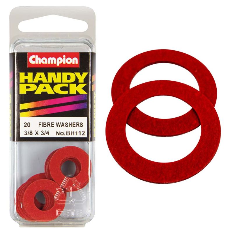 Champion 3/8in x 3/4in fibre washer, 1/32in thick, designed for reliable sealing in plumbing and machinery applications.