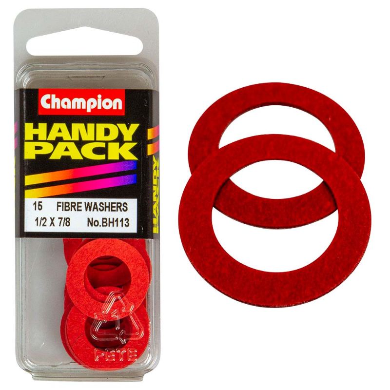 Champion fibre washer with 1/2in ID and 7/8in OD, 1/32in thick, ideal for plumbing and household repairs, prevents leaks.