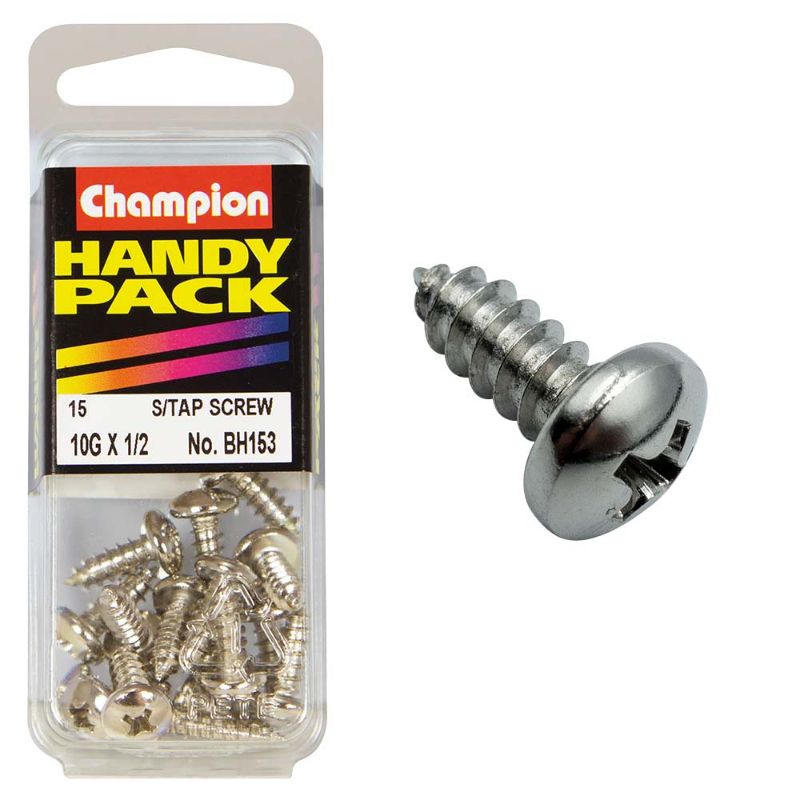 Champion 10G x 1/2in S/Tap Set Screw - Pan HD, durable fastener designed for secure installation in metal, wood, and plastic.
