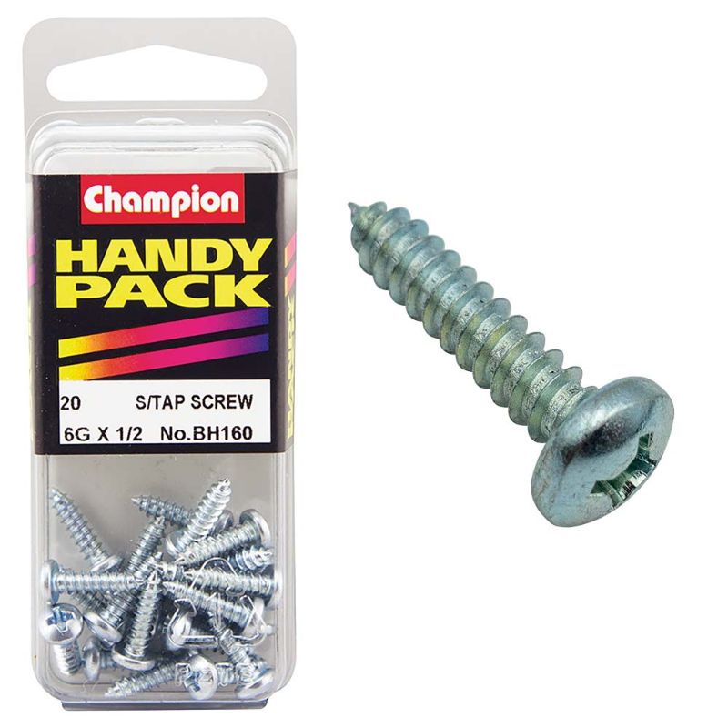 Champion 6G x 1/2in self-tap set screw with pan head, ideal for metal, wood, and plastic fastening applications.