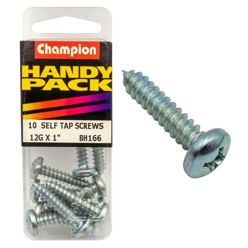 Pan head Champion 12G x 1 S/Tap set screw designed for versatile and secure fastening in metal, wood, and plastic projects.