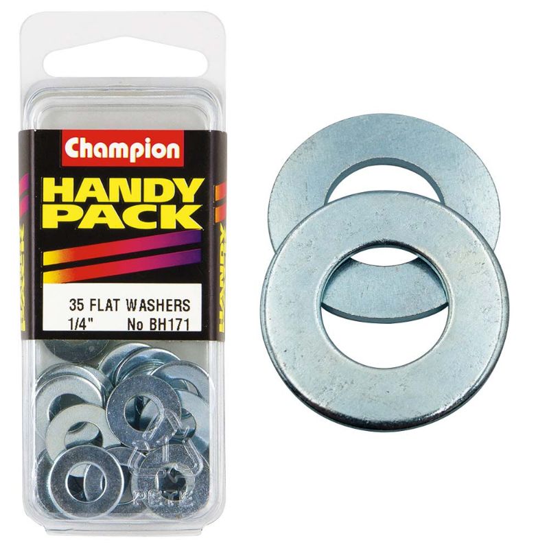 Champion 1/4in Flat Steel Washer, durable fastener designed to evenly distribute weight and prevent surface damage in various applications.