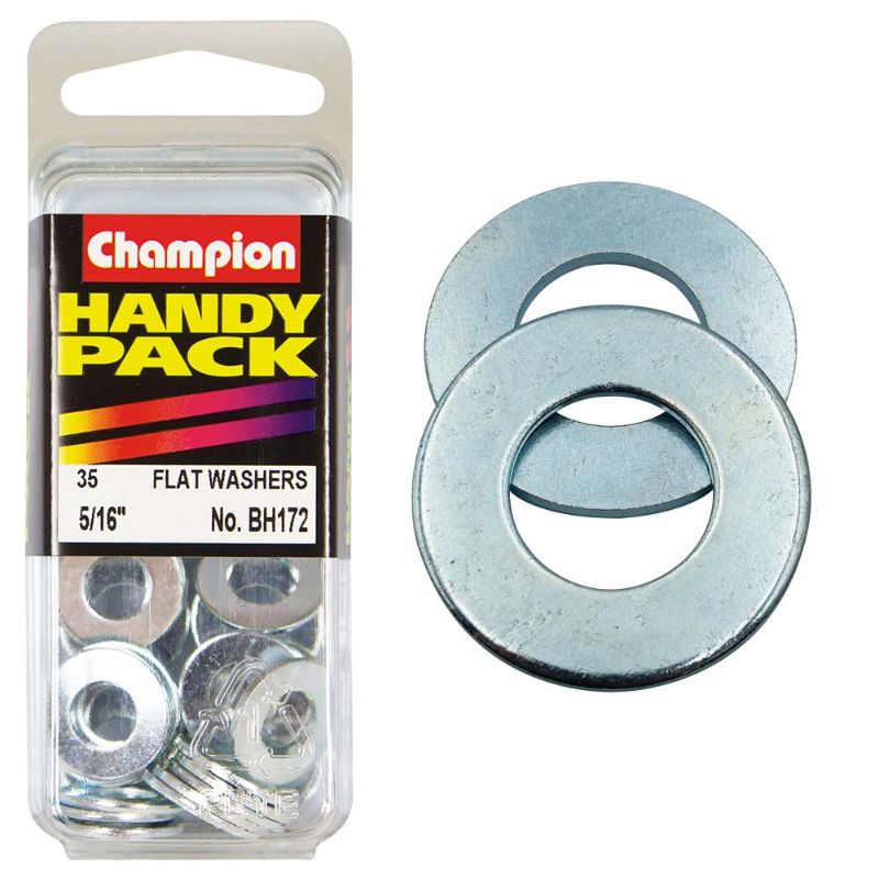 Champion 5/16in Flat Steel Washer for load distribution, corrosion resistance, and durability in various construction projects.