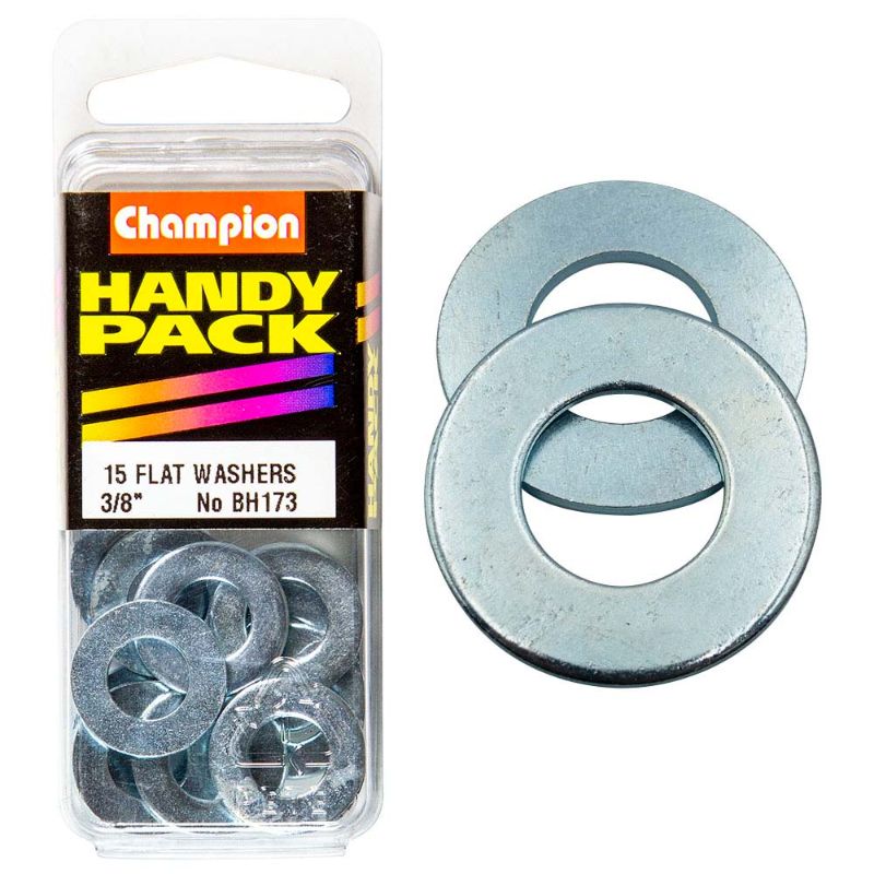 Durable 3/8in flat steel washer designed for load distribution, corrosion-resistant for woodworking and automotive projects.
