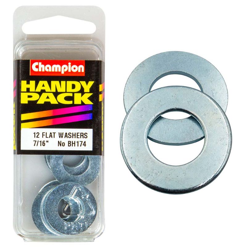 Durable Champion 7/16in flat steel washer for secure fastening in construction, automotive, and DIY projects.