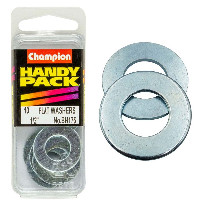 Durable 1/2in flat steel washer designed for reliable fastening in construction, repairs, and automotive applications.