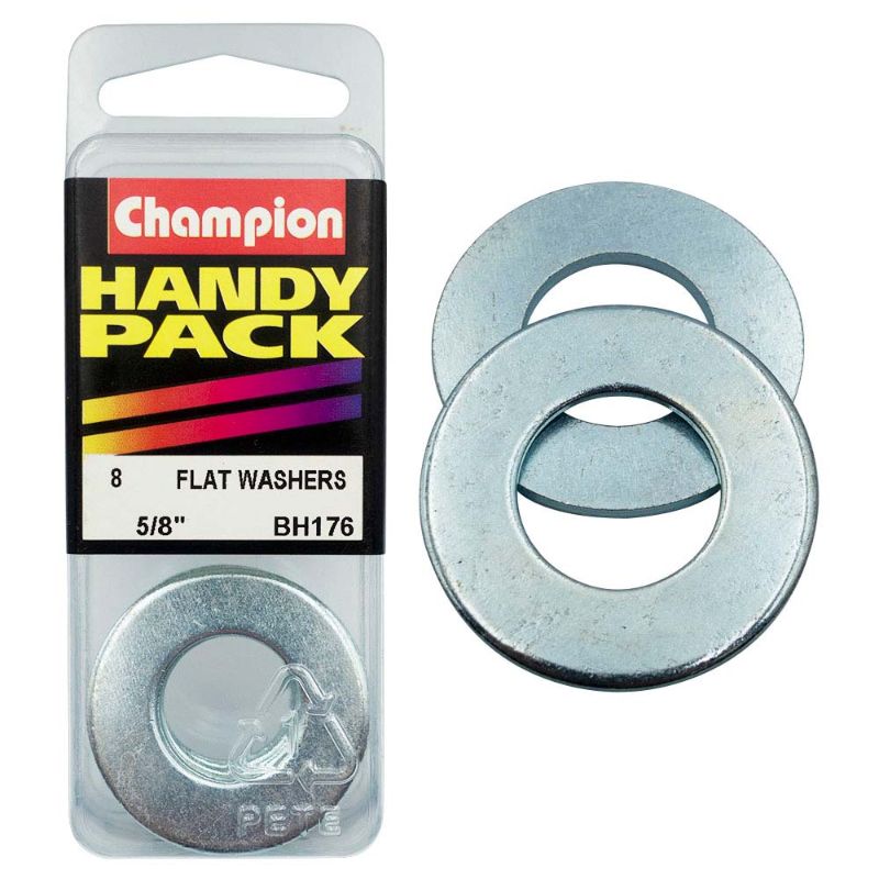 Champion 5/8in flat steel washer, premium-grade, corrosion-resistant, ideal for load distribution in construction and DIY projects.