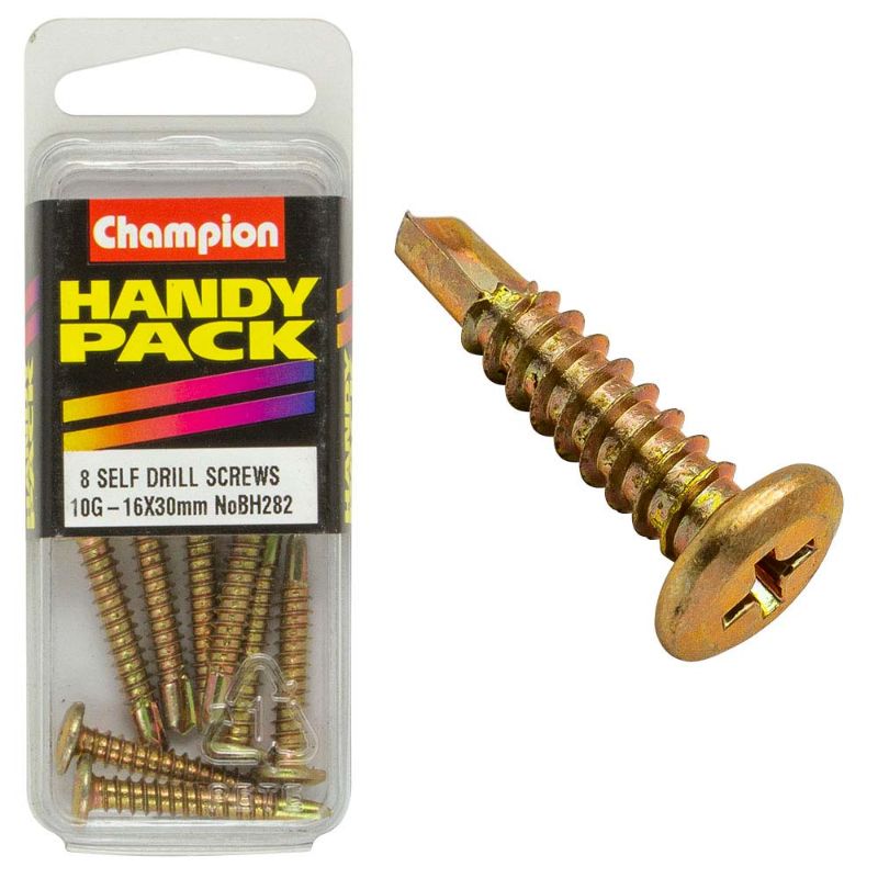 Champion 10G self-drilling set screw, 16mm length, 30mm durable metal, designed for fast, reliable fastening in various materials.