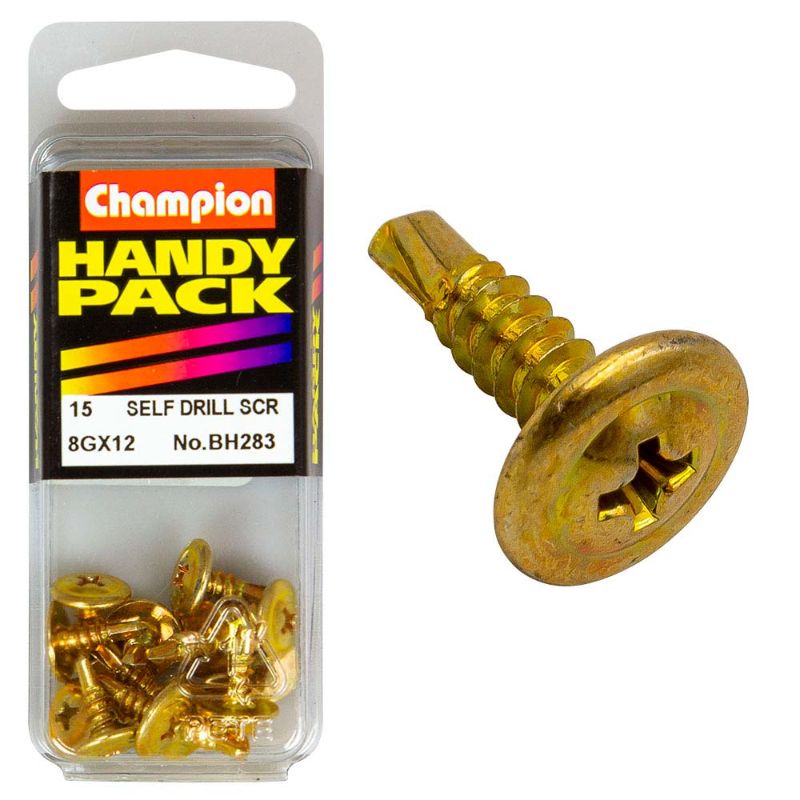 Champion 8G x 18 x 22mm self-drilling set screws designed for easy installation in wood and metal, featuring corrosion resistance.