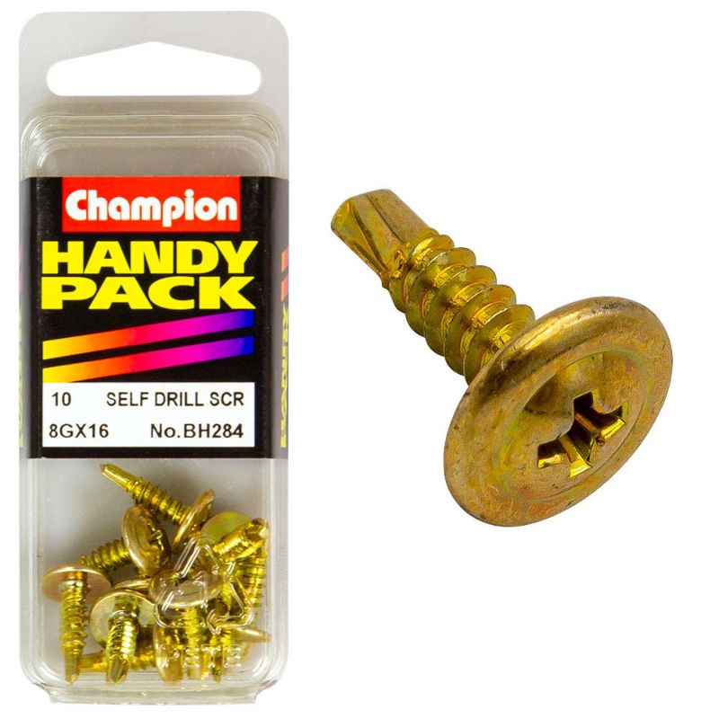Champion 8G self-drilling screws, 18mm long, durable and corrosion-resistant for wood, metal, and plastic projects.