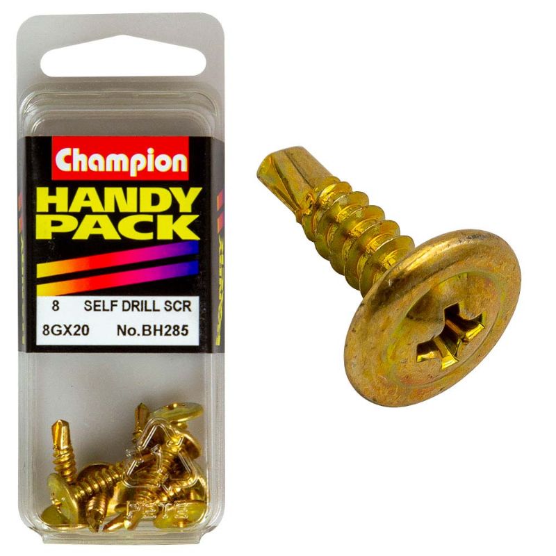 Champion 8G self-drilling screws, 18mm long, high-strength steel for easy installation in wood, metal, or plastic.