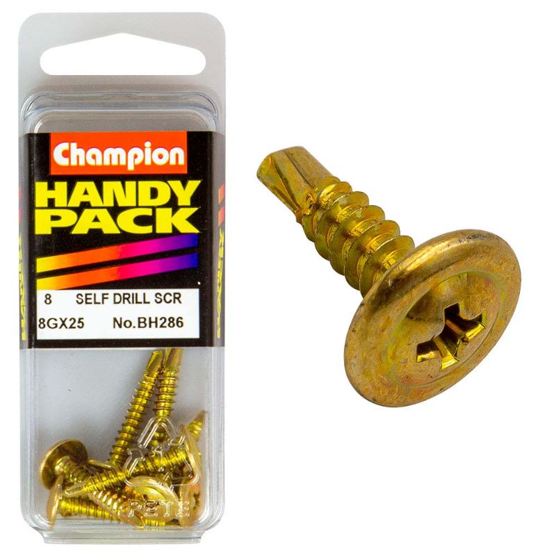 Champion 8G self-drilling screws, 25mm long, designed for quick installation in wood, metal, and masonry.