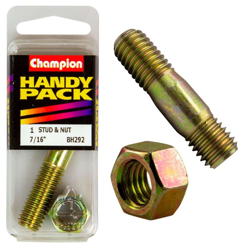 Champion 7/16in x 2-1/4in UNC Manifold Stud & Nut, a durable fastening solution for optimal engine performance in automotive applications.